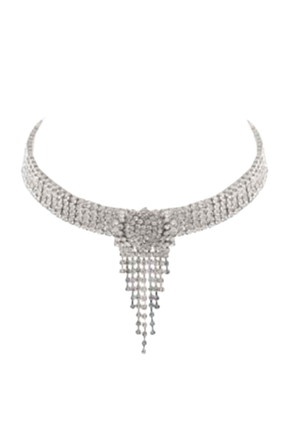 Rhinestone 5 Row Fringe Choker with sparkling rhinestones and adjustable clasp, showcasing elegant fringe design.