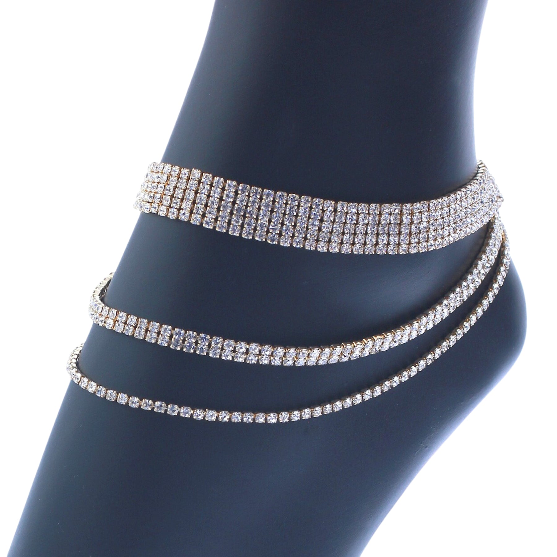 Rhinestone 5/2/1 Row 3 Layer Anklet featuring a lobster claw clasp and sparkling rhinestones.