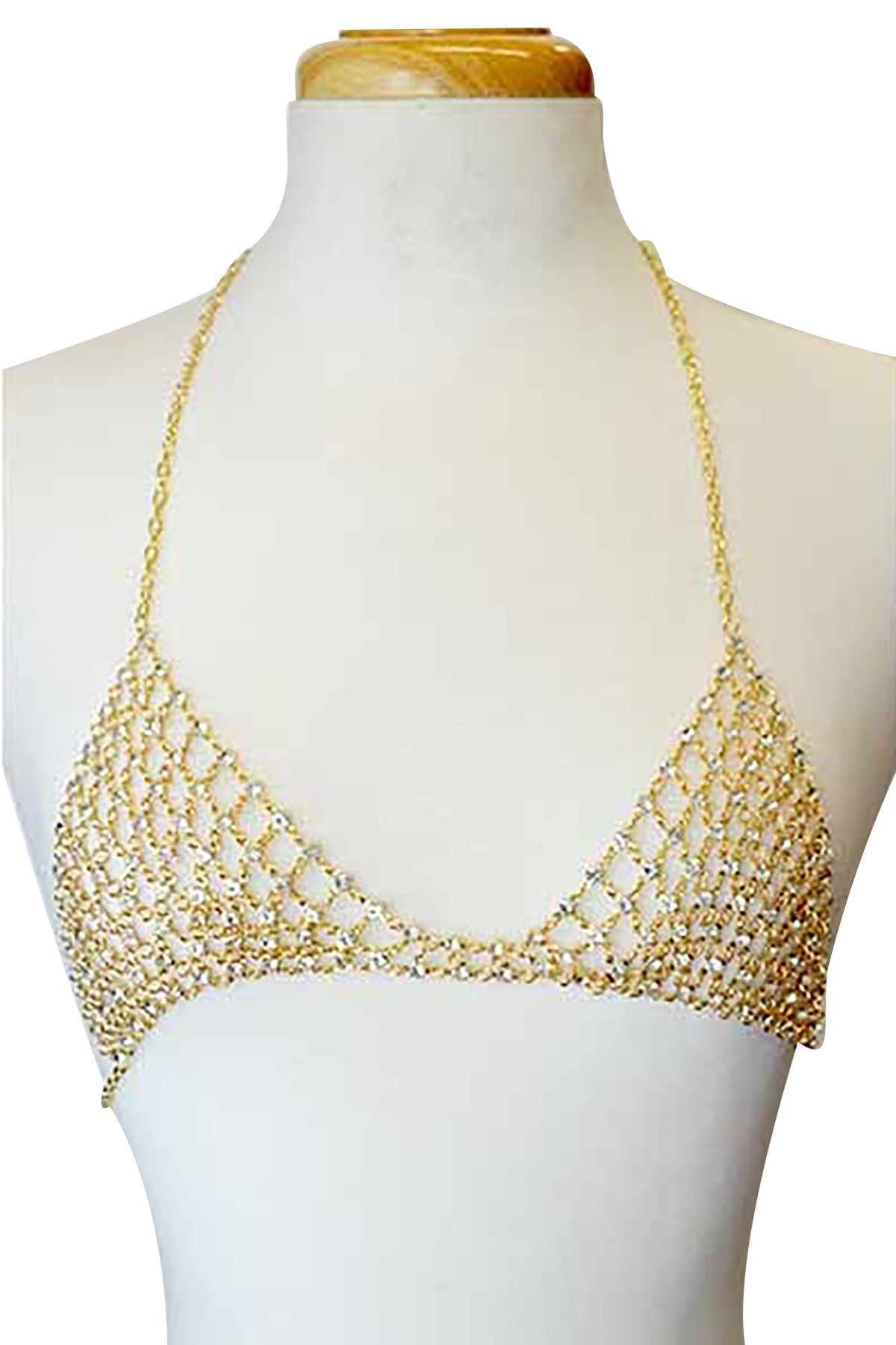 A stylish Rhinestone Beaded Chain Bralette featuring shimmering rhinestones and an adjustable lobster claw clasp.