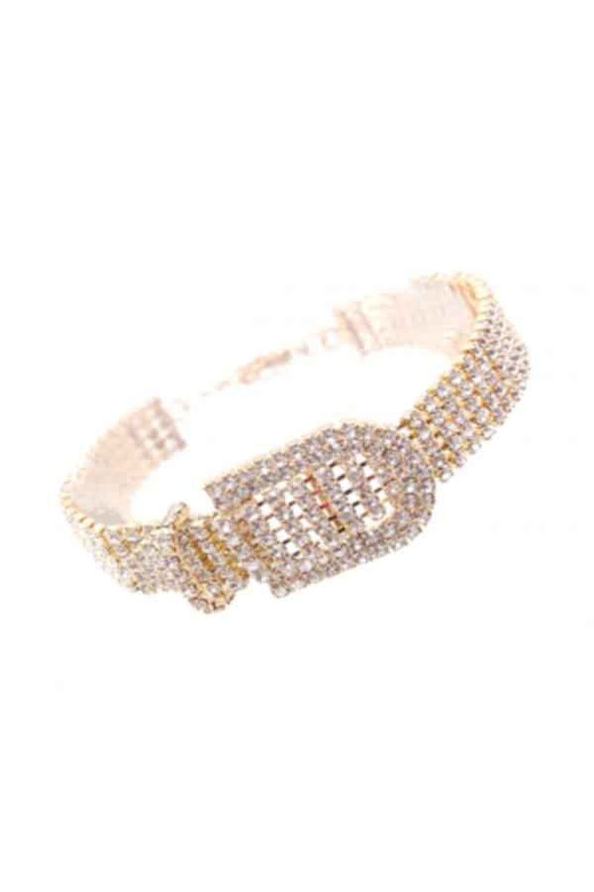 A stylish rhinestone belt buckle bracelet featuring sparkling rhinestones and a lobster claw clasp.