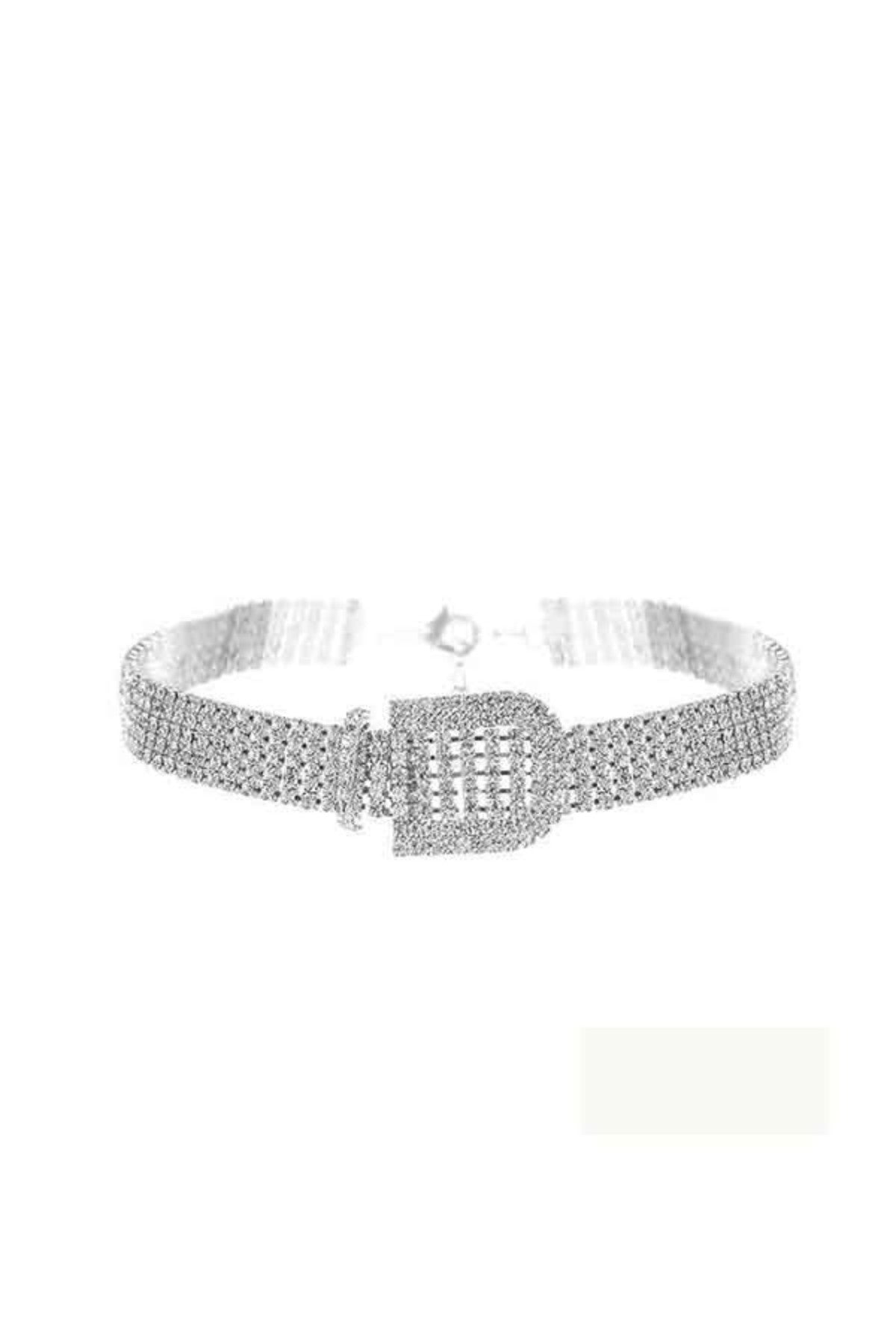 A stylish rhinestone belt buckle bracelet featuring sparkling rhinestones and a lobster claw clasp.