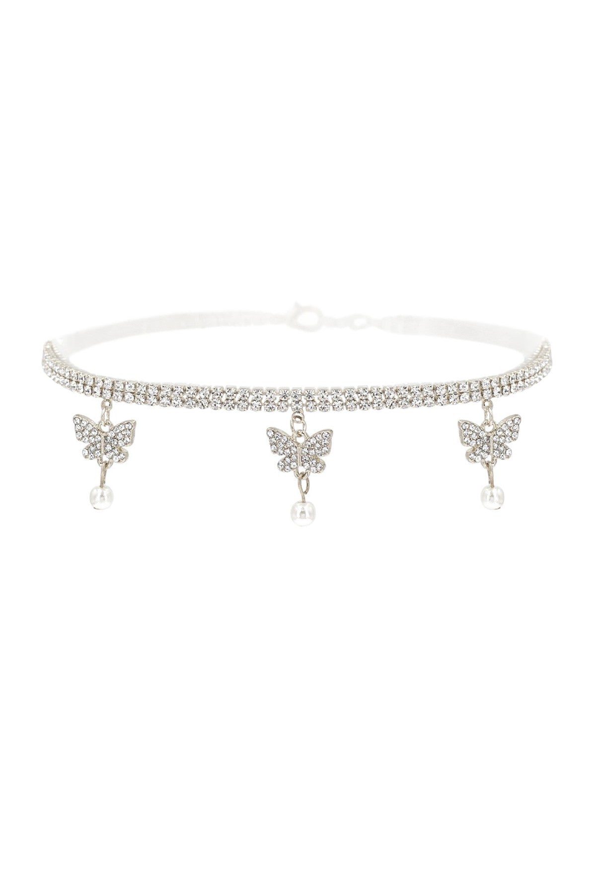 Rhinestone Bow Pendant Choker with adjustable length and sparkling rhinestones, featuring a lobster claw clasp.