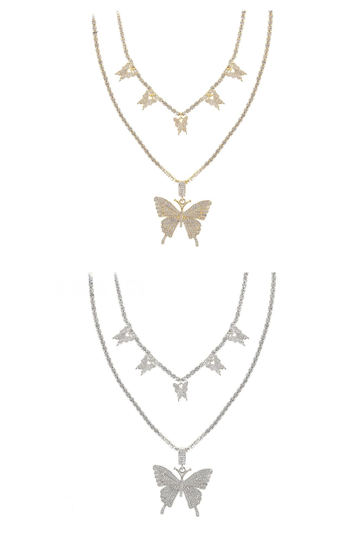 Rhinestone Butterfly 2 Necklace featuring a sparkling butterfly pendant and adjustable length.