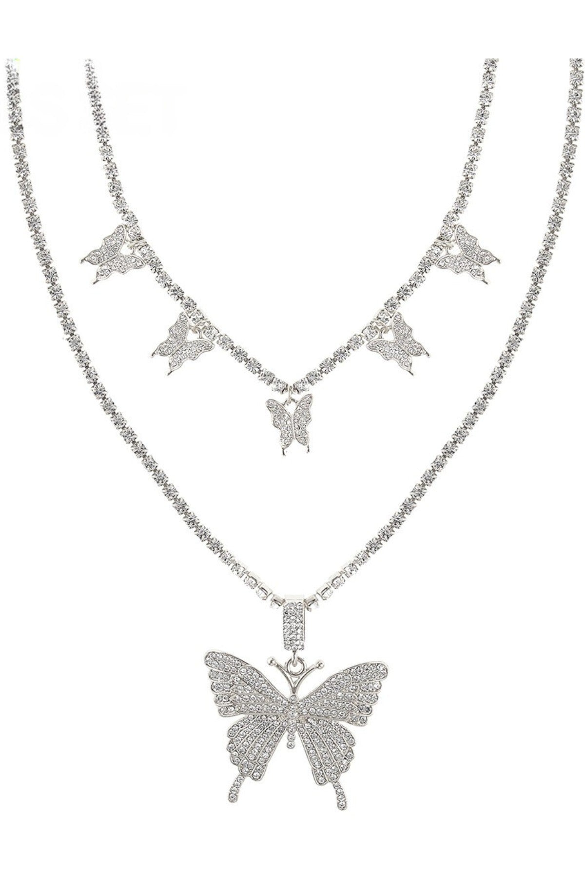 Rhinestone Butterfly 2 Necklace featuring a sparkling butterfly pendant and adjustable length.