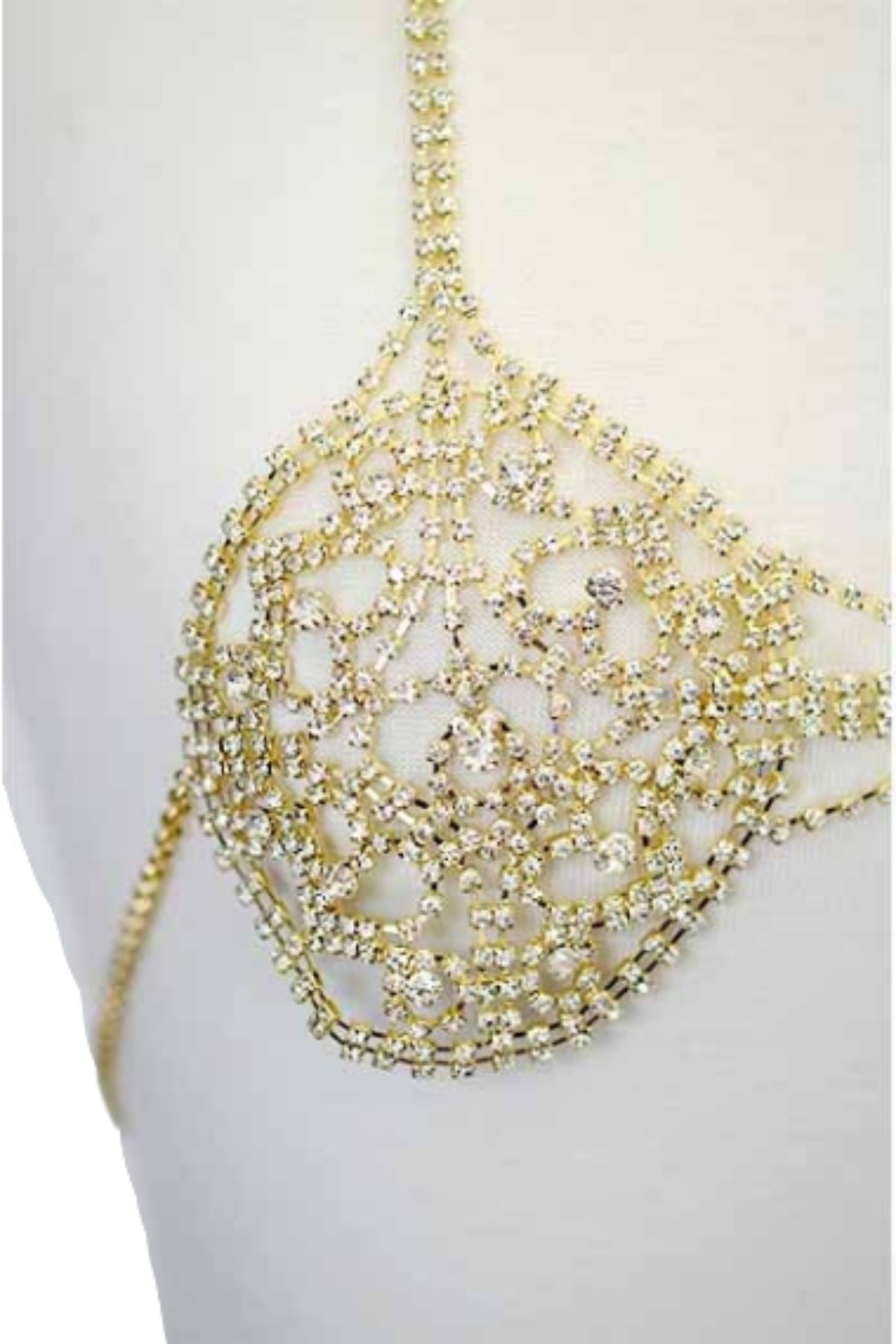 A glamorous Rhinestone Chain Bralette featuring sparkling rhinestones and a lobster claw clasp, perfect for stylish layering.