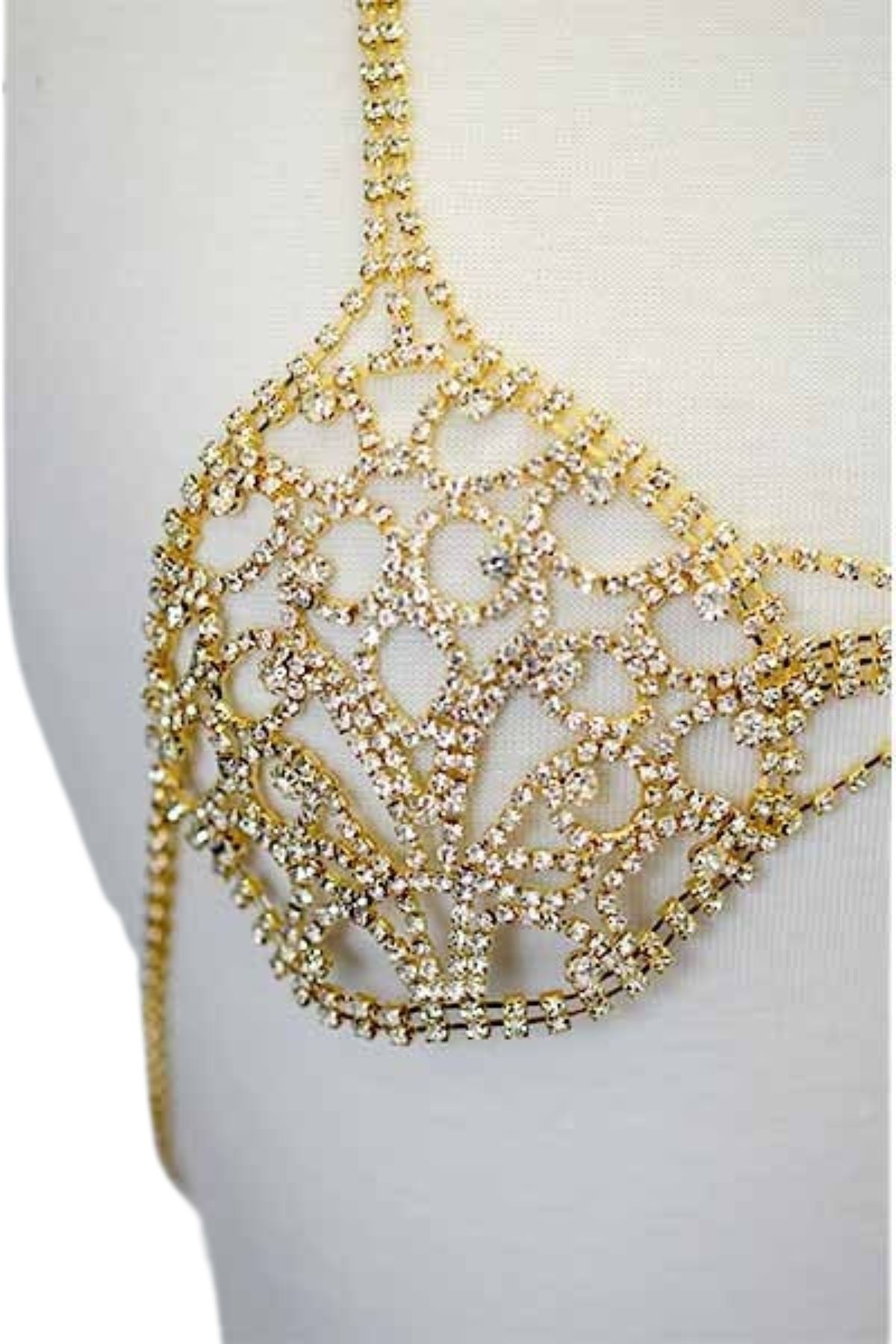 A stylish Rhinestone Chain Bralette featuring sparkling rhinestones and a lobster claw clasp, perfect for adding glamour to any outfit.