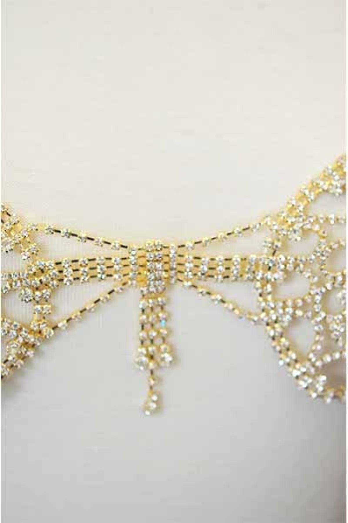 A stylish Rhinestone Chain Bralette featuring sparkling rhinestones and a lobster claw clasp, perfect for adding glamour to any outfit.