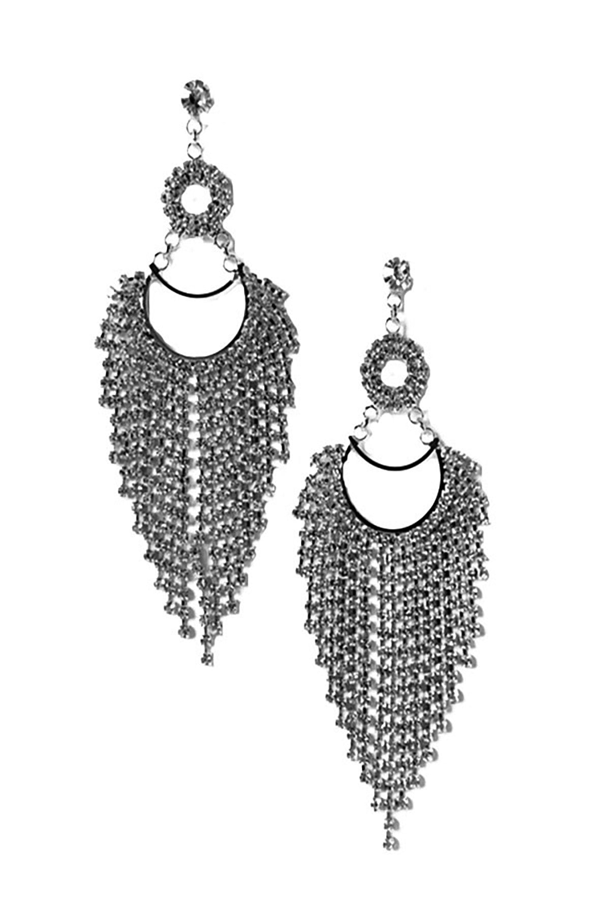 Elegant rhinestone chandelier earrings with a 4-inch drop, featuring a post back design for secure wear.