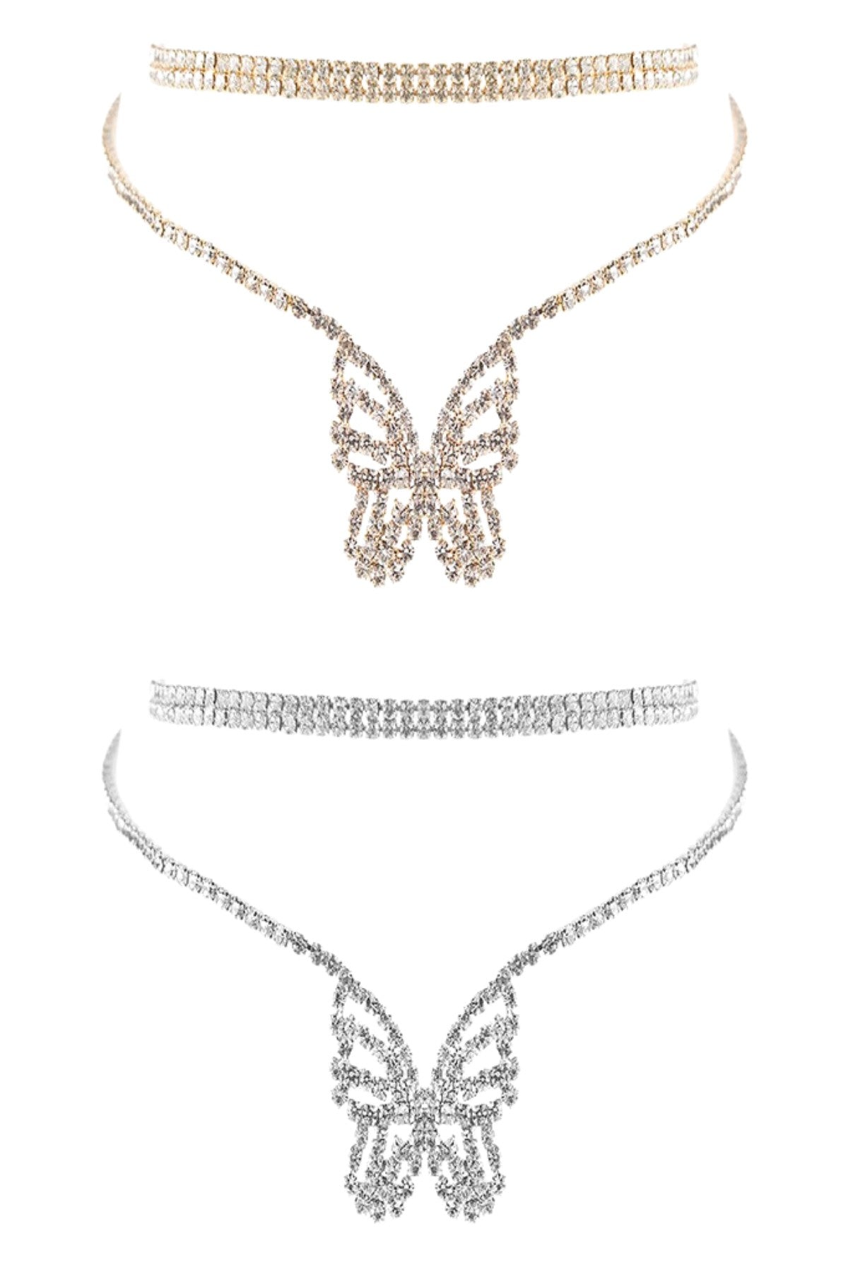 Rhinestone Choker Butterfly 2 Necklace featuring a butterfly design with sparkling rhinestones and an adjustable clasp.