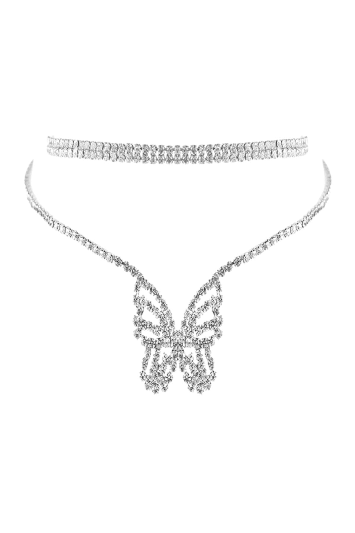 Rhinestone Choker Butterfly 2 Necklace featuring a butterfly design with sparkling rhinestones and an adjustable clasp.