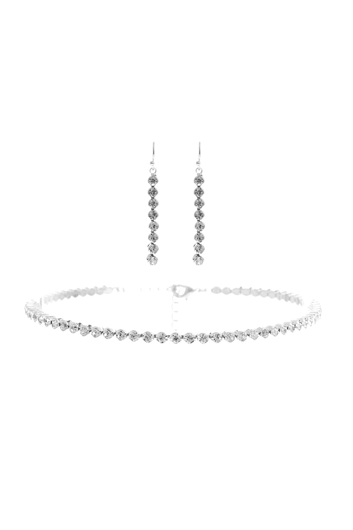 Rhinestone choker necklace set featuring sparkling embellishments and adjustable clasp.