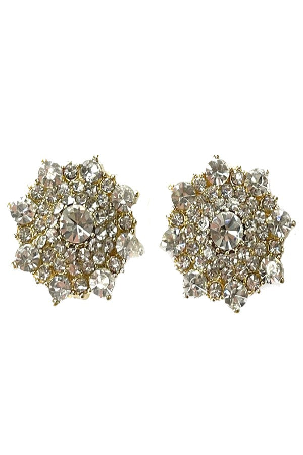 A pair of elegant rhinestone clip-on earrings, featuring a sparkling design, measuring 0.75 inches by 0.75 inches, suitable for sensitive ears.