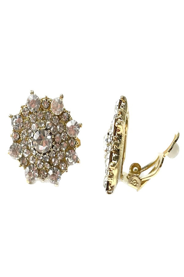 A pair of elegant rhinestone clip-on earrings, featuring a sparkling design, measuring 0.75 inches by 0.75 inches, suitable for sensitive ears.