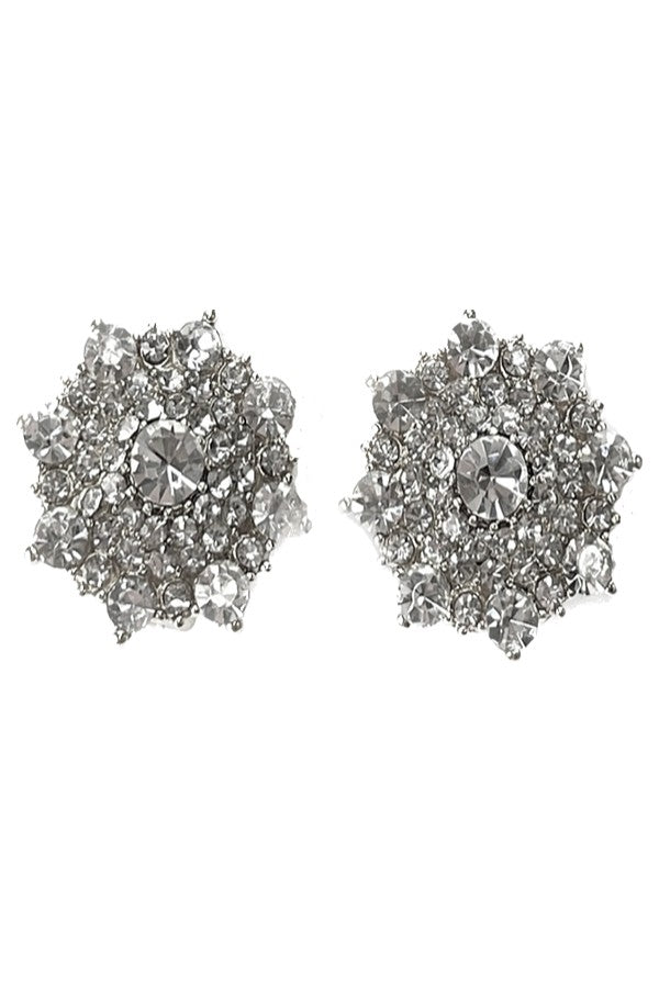 A pair of elegant rhinestone clip-on earrings, featuring a sparkling design, measuring 0.75 inches by 0.75 inches, suitable for sensitive ears.