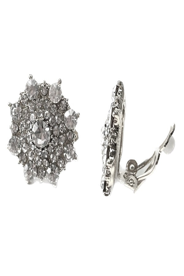 A pair of elegant rhinestone clip-on earrings, featuring a sparkling design, measuring 0.75 inches by 0.75 inches, suitable for sensitive ears.