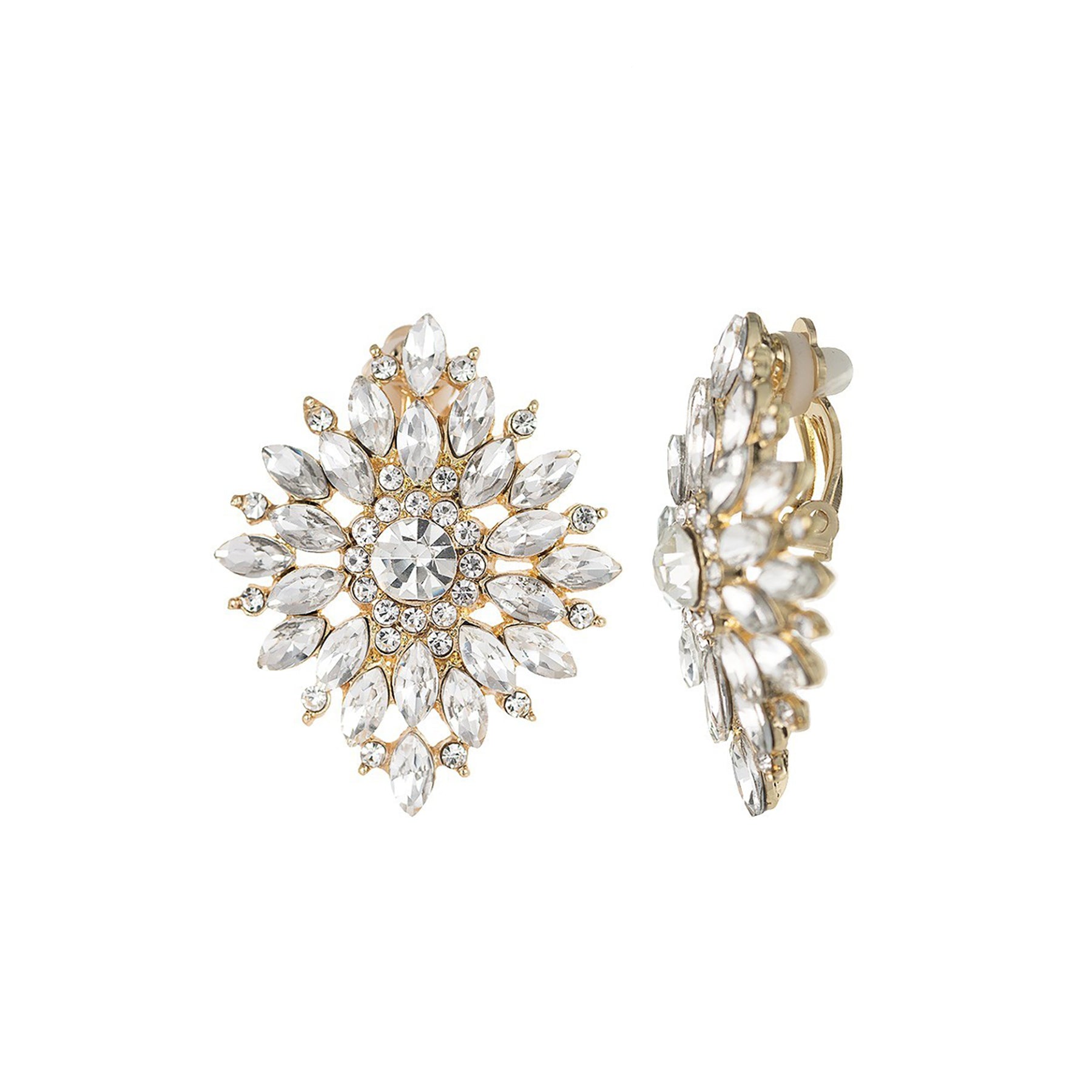 A pair of elegant rhinestone clip-on earrings with a sparkling design, perfect for any occasion.