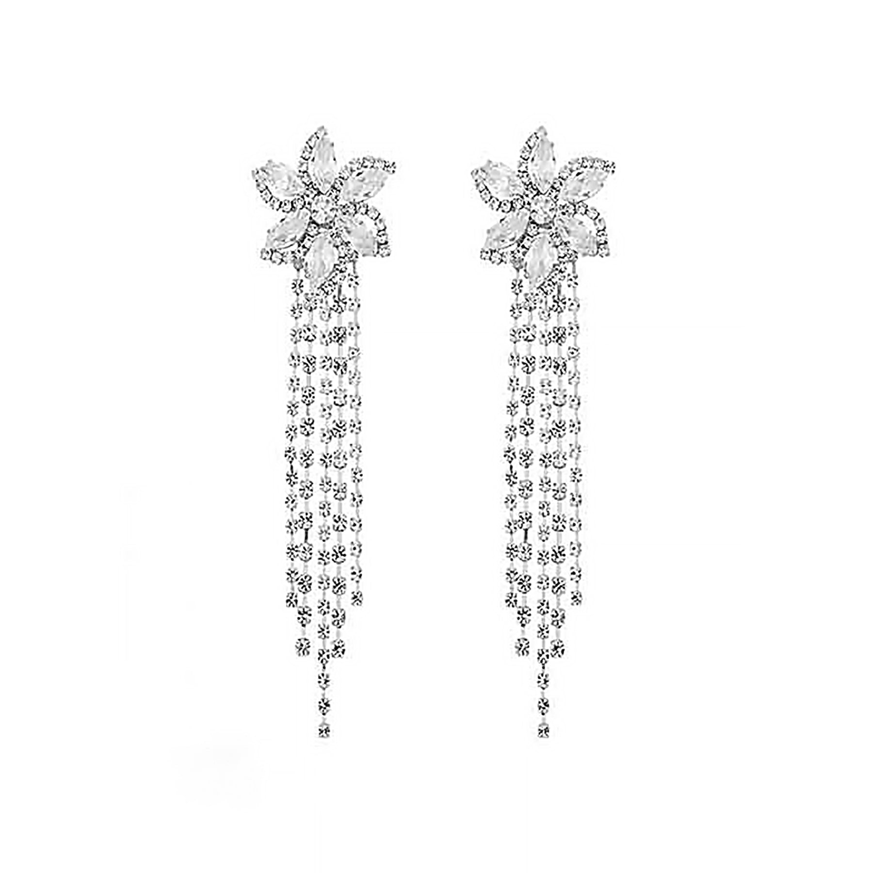 Rhinestone CZ Flower Tassel Earrings featuring a sparkling flower design and elegant tassels, perfect for any occasion.