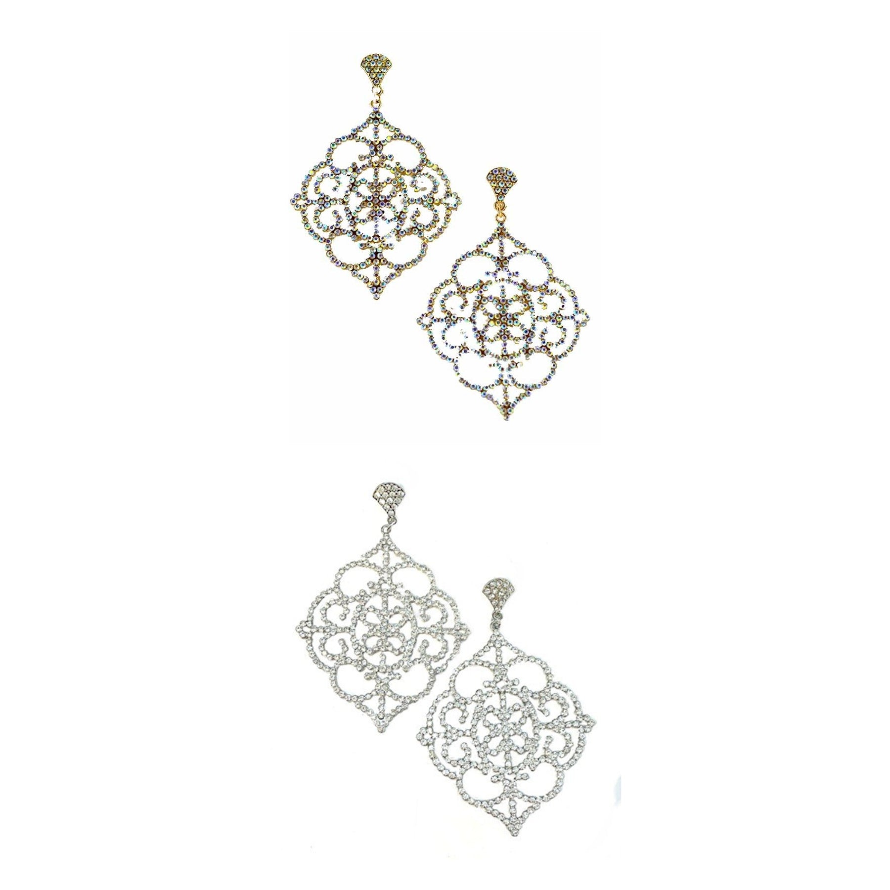 Elegant rhinestone dangle earrings with a 4-inch drop, featuring a secure post back closure.