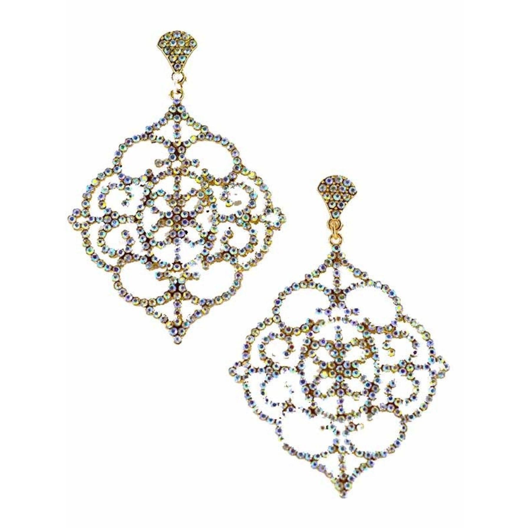 Elegant rhinestone dangle earrings with a 4-inch drop, featuring a secure post back closure.