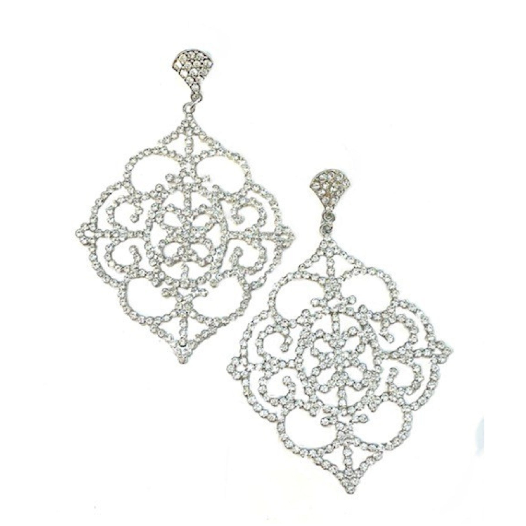 Elegant rhinestone dangle earrings with a 4-inch drop, featuring a secure post back closure.