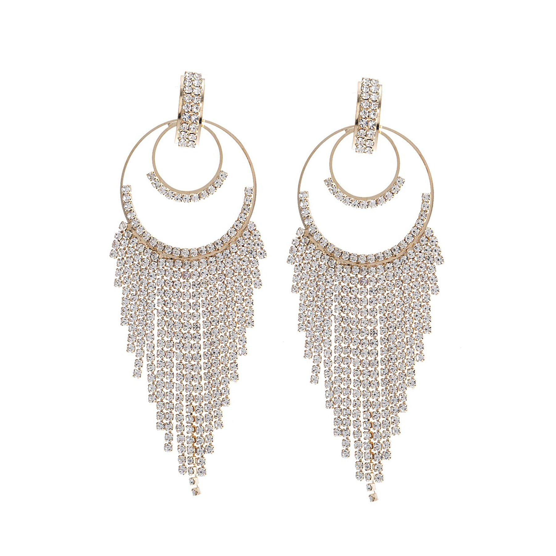 Rhinestone Double Circle Fringe Earrings featuring elegant design and sparkling embellishments.