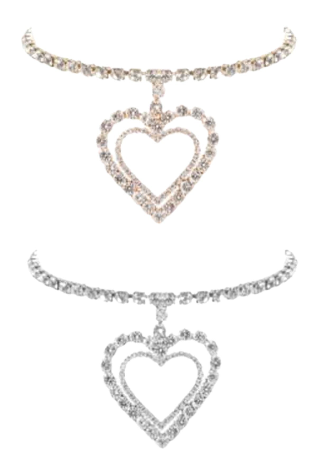 Rhinestone double heart collar necklace with sparkling rhinestones and adjustable clasp, perfect for elegant occasions.