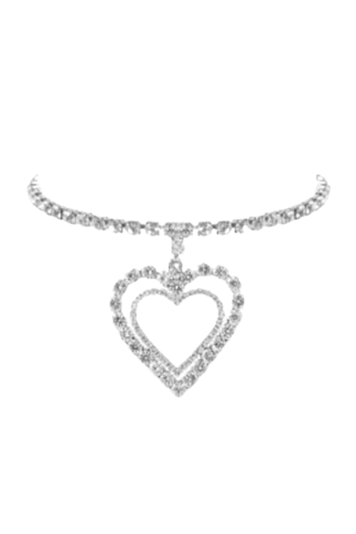 Rhinestone double heart collar necklace with sparkling rhinestones and adjustable clasp, perfect for elegant occasions.