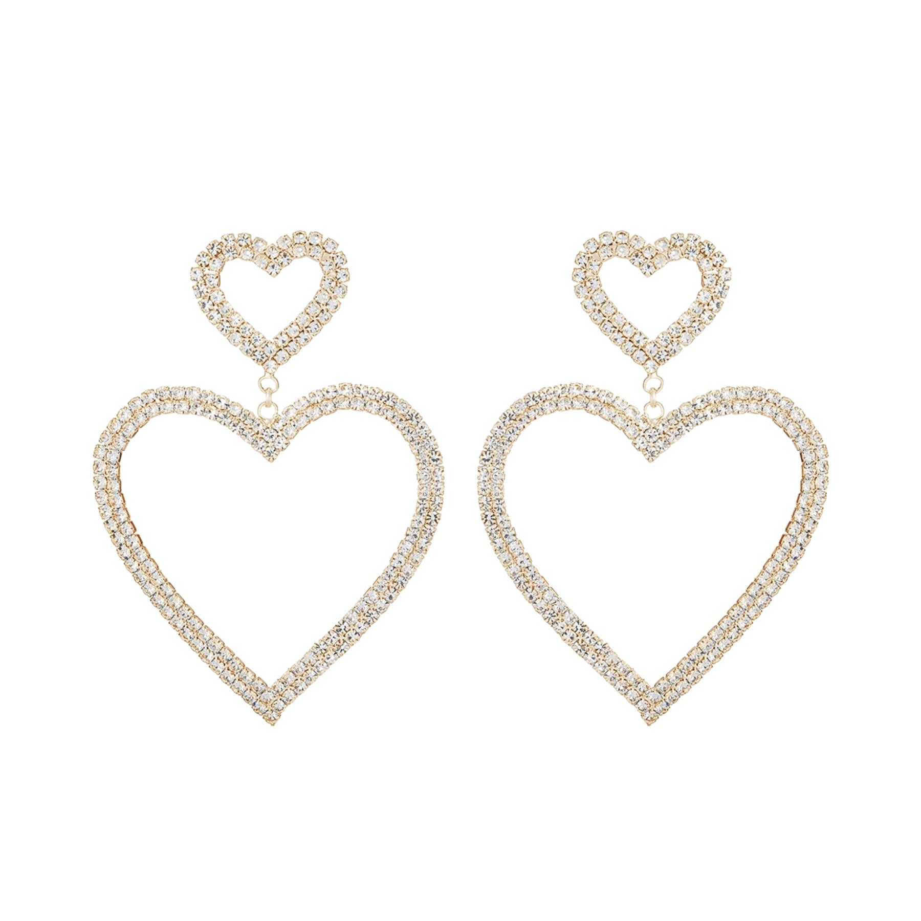 Rhinestone Double Heart Dangle Earrings featuring sparkling rhinestones and a unique heart design, perfect for any occasion.