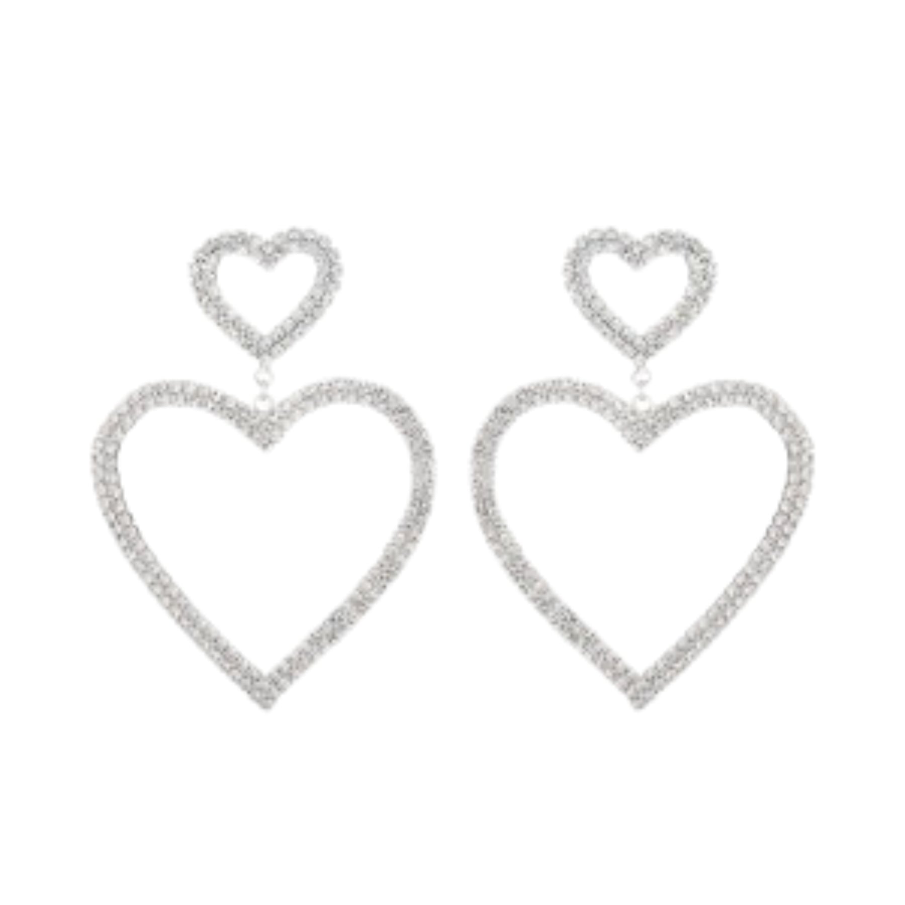 Rhinestone Double Heart Dangle Earrings featuring sparkling rhinestones and a unique heart design, perfect for any occasion.