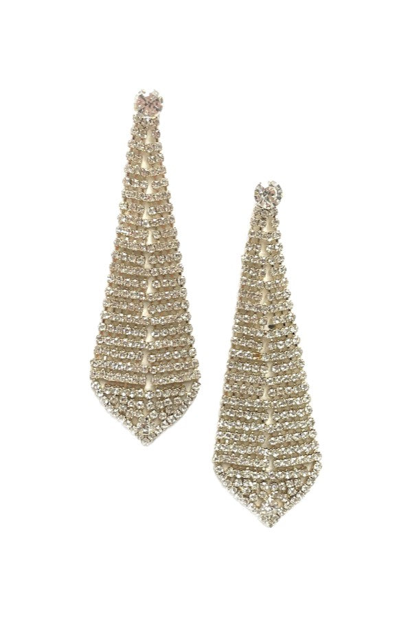 A pair of elegant rhinestone drop earrings with a post back design, sparkling beautifully against a soft background.