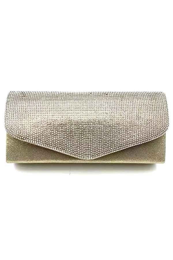 Elegant rhinestone envelope shape evening clutch bag with detachable chain strap and soft lining.