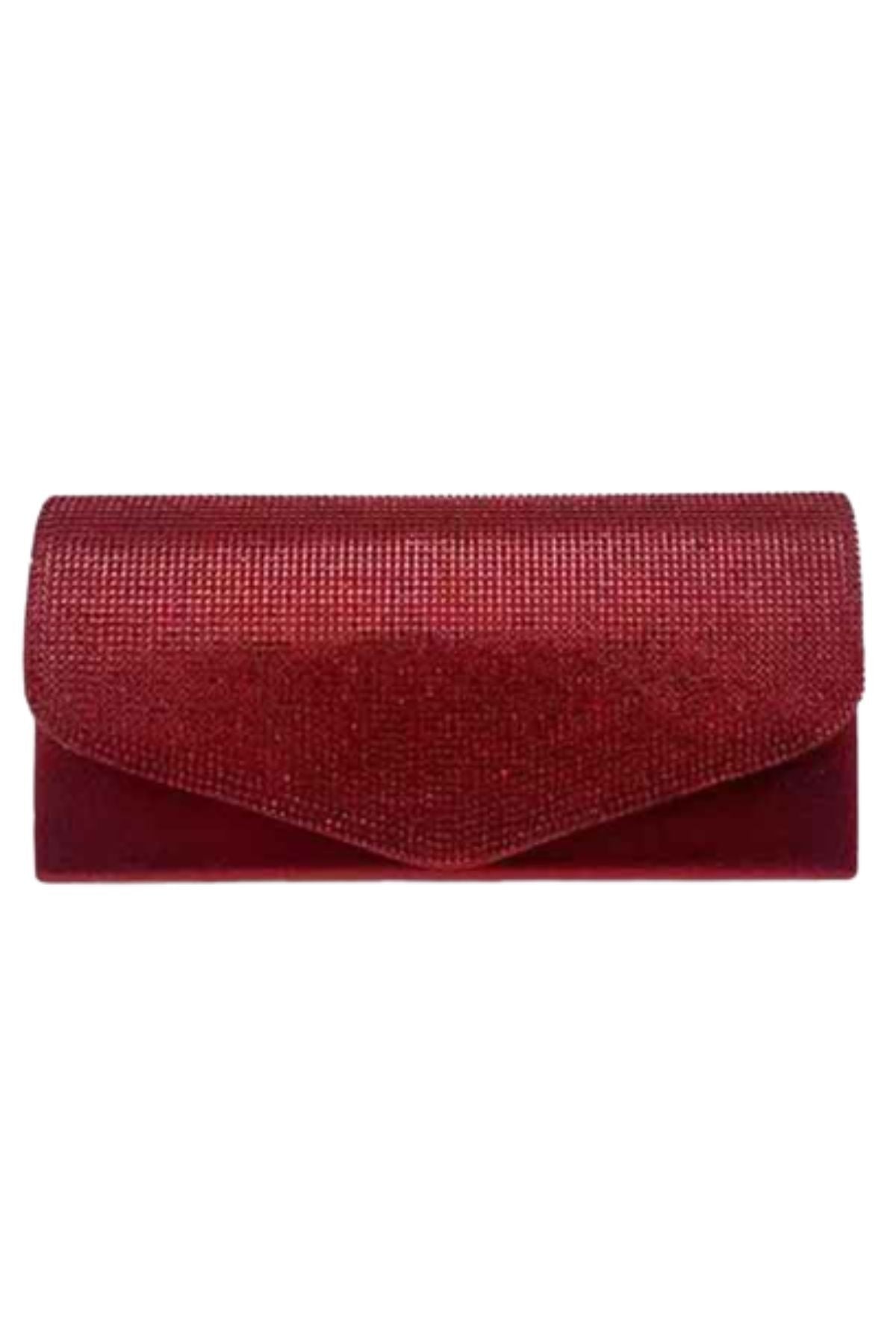 Elegant rhinestone envelope shape evening clutch bag with detachable chain strap and soft lining.