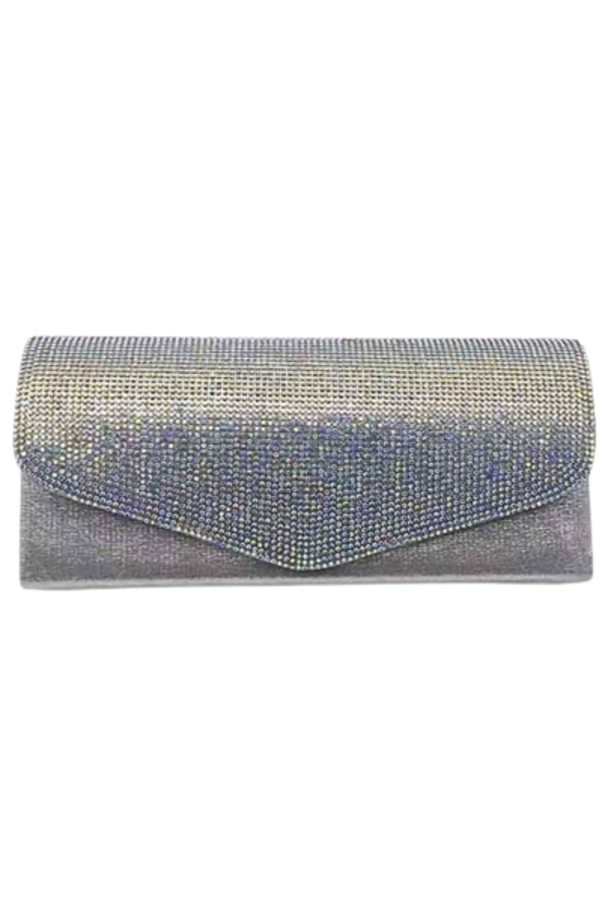 Elegant rhinestone envelope shape evening clutch bag with detachable chain strap and soft lining.