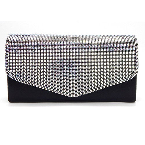 Elegant rhinestone envelope shape evening clutch bag with detachable chain strap and soft lining.