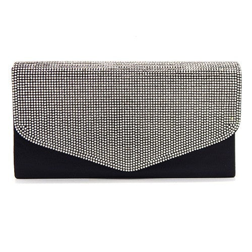 Elegant rhinestone envelope shape evening clutch bag with detachable chain strap and soft lining.