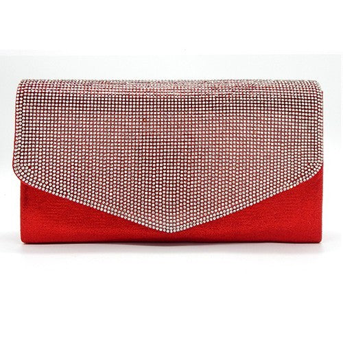 Elegant rhinestone envelope shape evening clutch bag with detachable chain strap and soft lining.