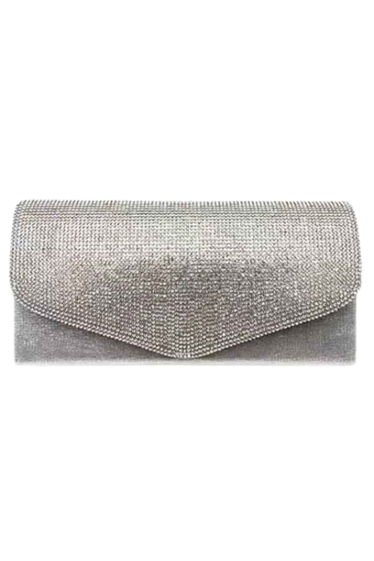 Elegant rhinestone envelope shape evening clutch bag with detachable chain strap and soft lining.