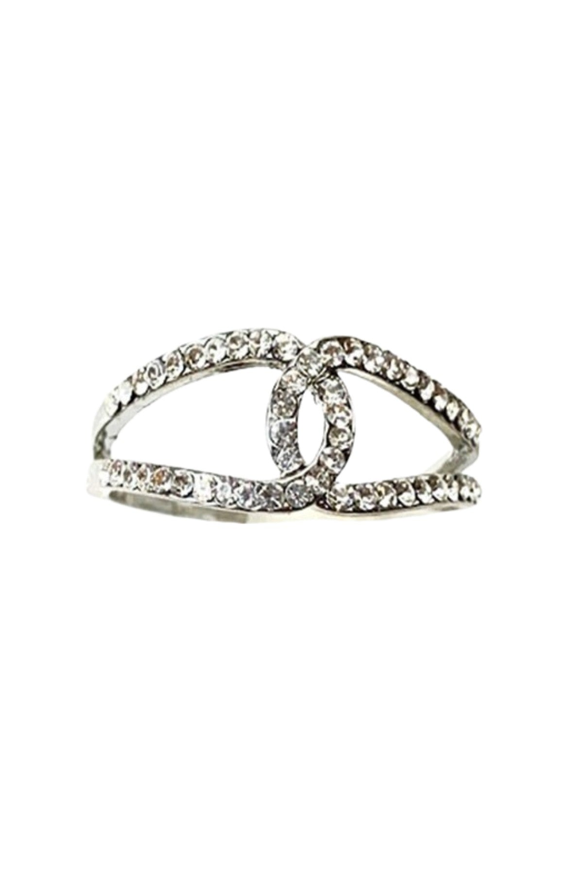 A stylish rhinestone fashion ring, triple plated, size 7, lead and nickel free, showcasing its elegant design.