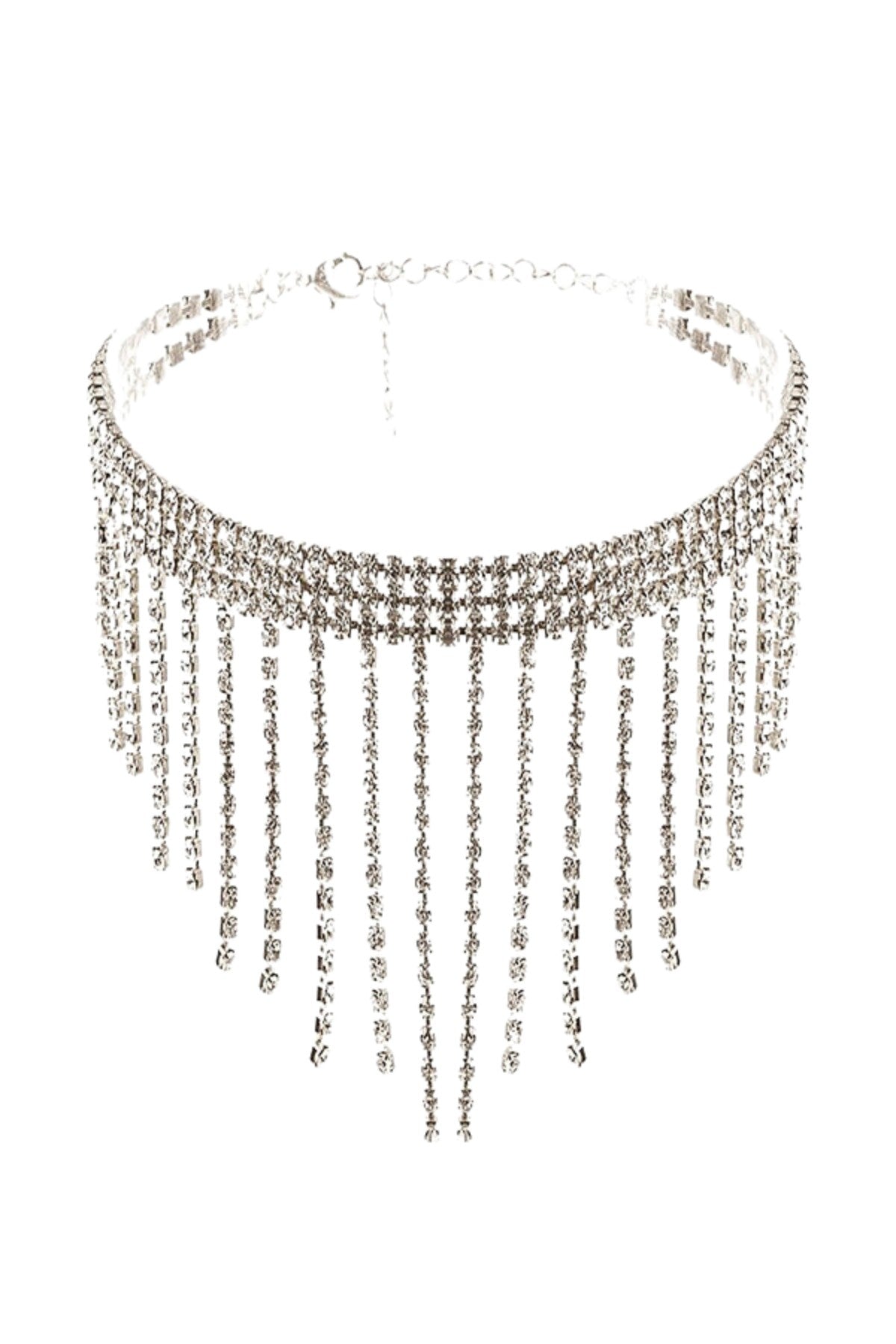 Rhinestone Fringe Dangle Choker with sparkling rhinestones and adjustable clasp, showcasing a glamorous design.