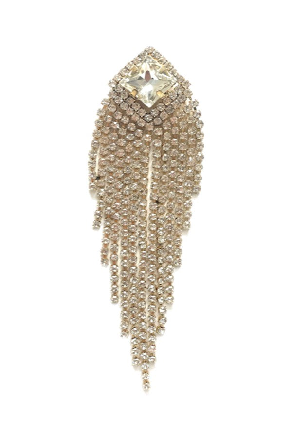 Elegant rhinestone fringe earrings with post back closure, measuring 3.5 inches in length, sparkling with multiple rhinestones.