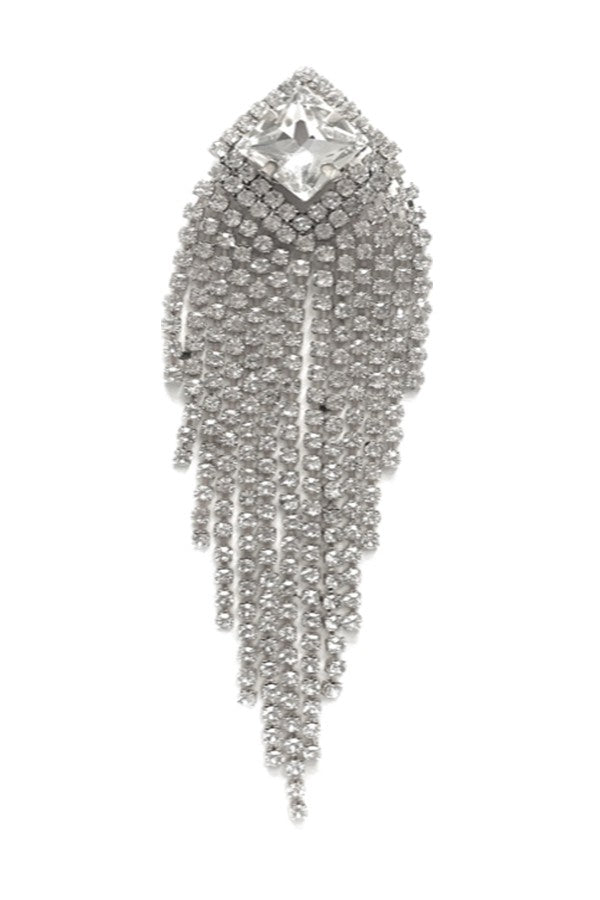 Elegant rhinestone fringe earrings with post back closure, measuring 3.5 inches in length, sparkling with multiple rhinestones.