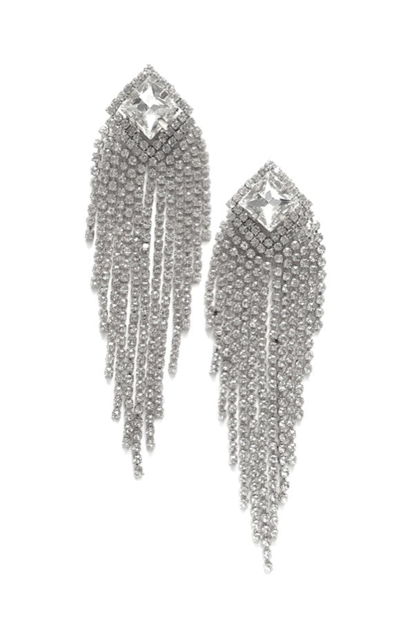 Elegant rhinestone fringe earrings with post back closure, measuring 3.5 inches in length, sparkling with multiple rhinestones.