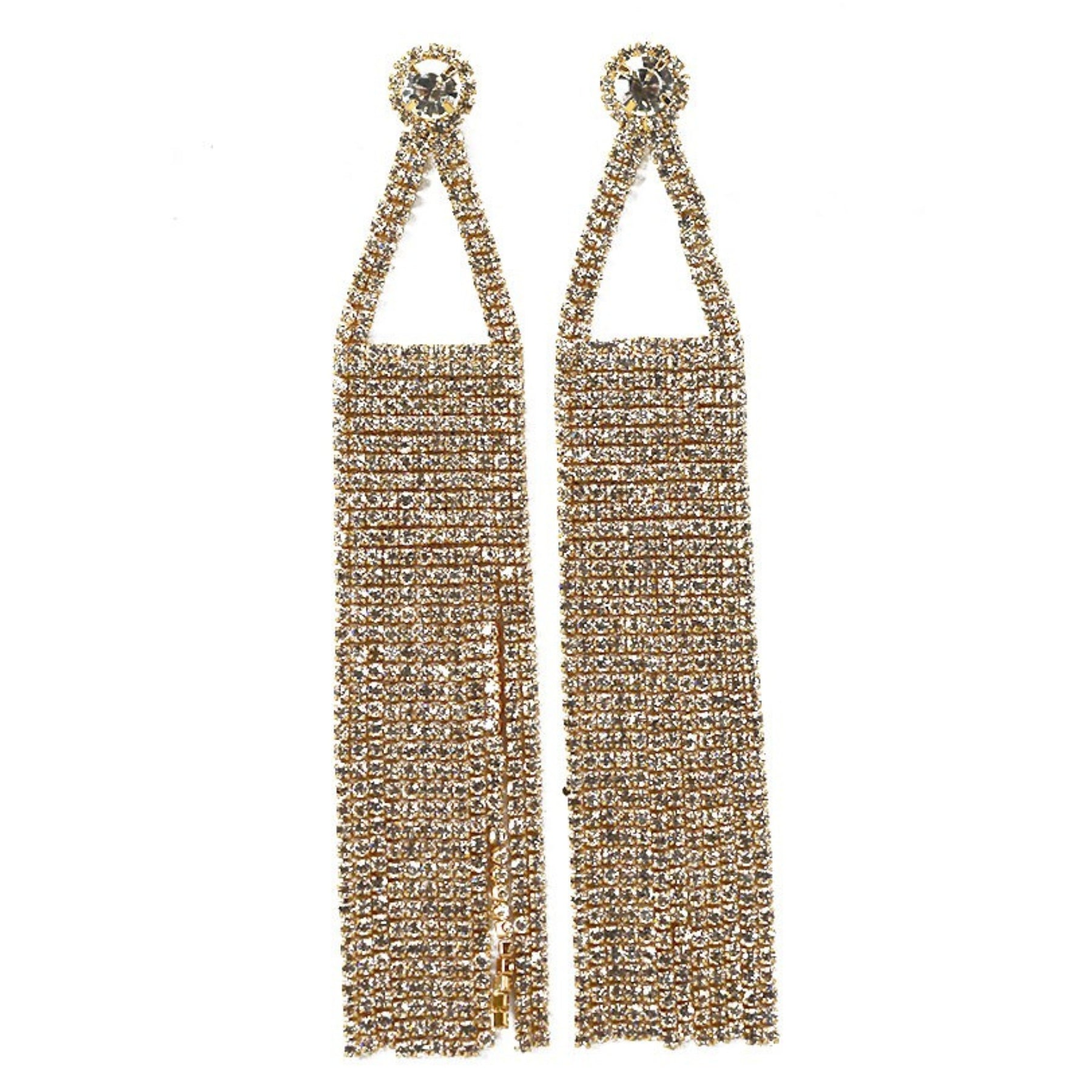 Elegant Rhinestone Fringe Earrings with sparkling rhinestones and a 3.5-inch drop length, featuring a secure post back closure.