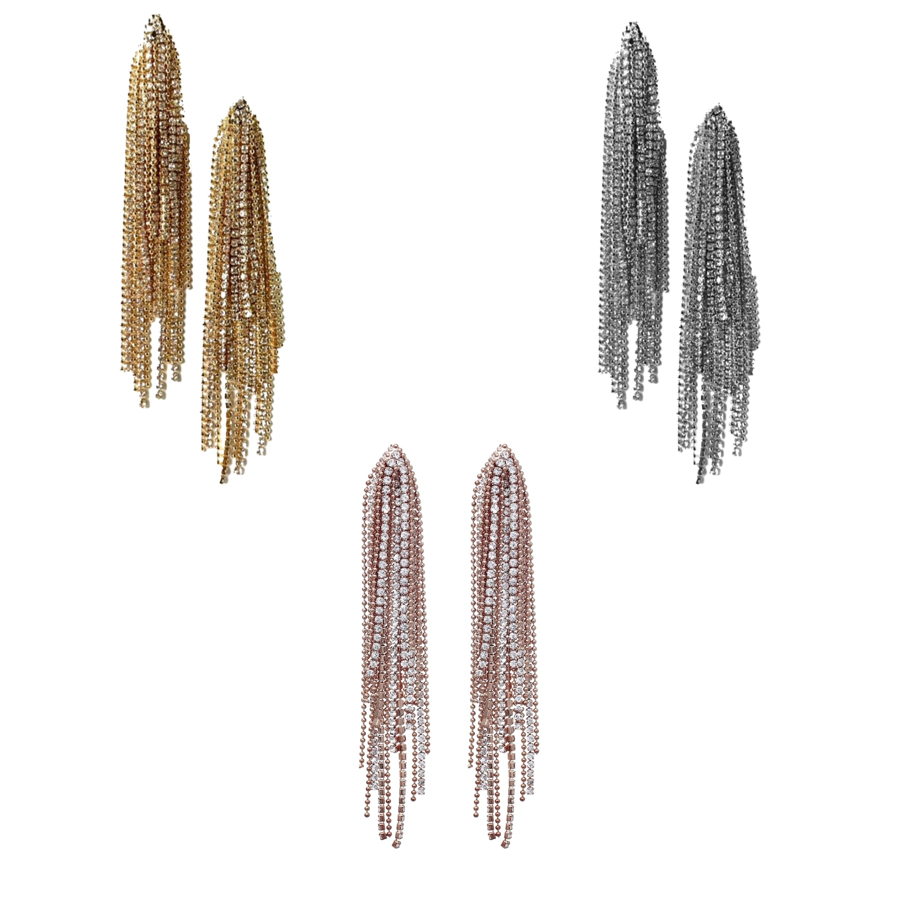 Elegant Rhinestone Fringe Earrings with a 4-inch drop, featuring shimmering rhinestones and a secure post back closure.