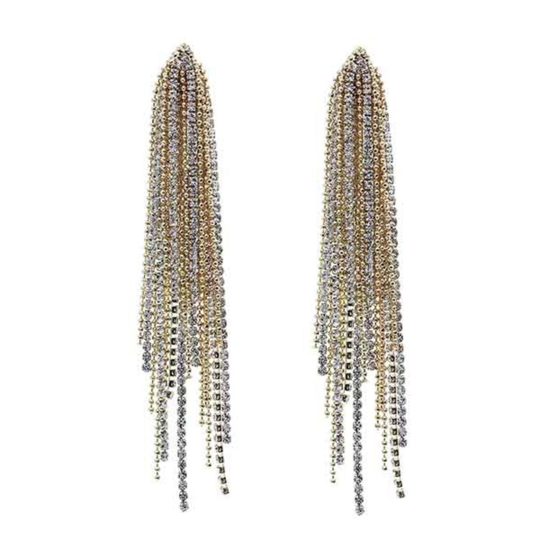 Elegant Rhinestone Fringe Earrings with a 4-inch drop, featuring shimmering rhinestones and a secure post back closure.