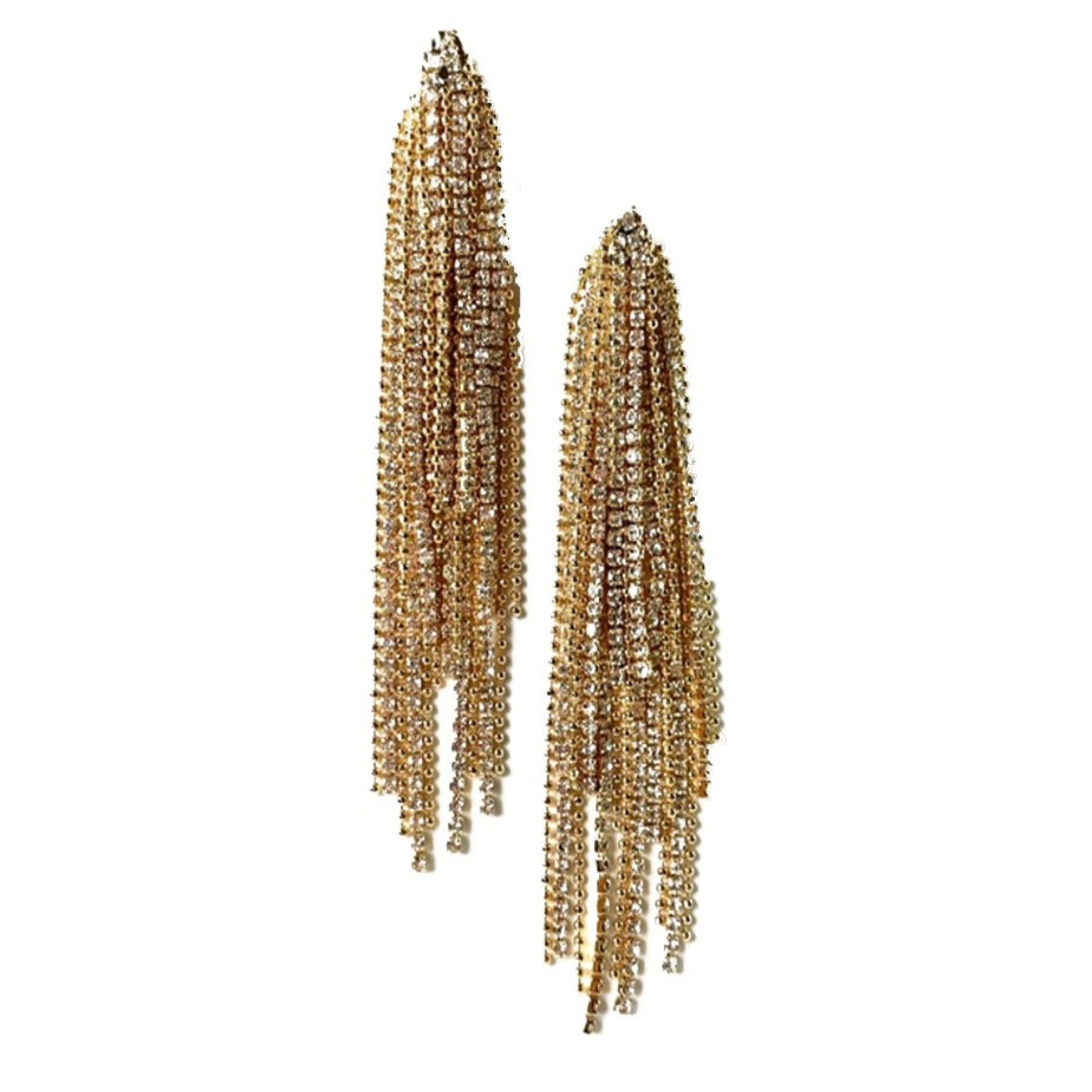 Elegant Rhinestone Fringe Earrings with a 4-inch drop, featuring shimmering rhinestones and a secure post back closure.