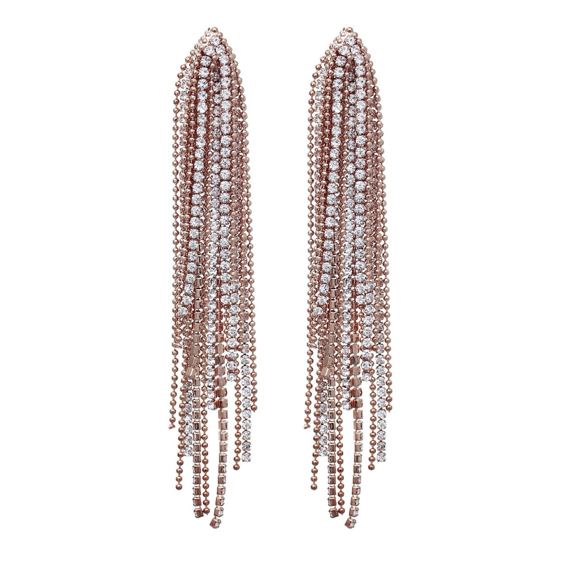 Elegant Rhinestone Fringe Earrings with a 4-inch drop, featuring shimmering rhinestones and a secure post back closure.