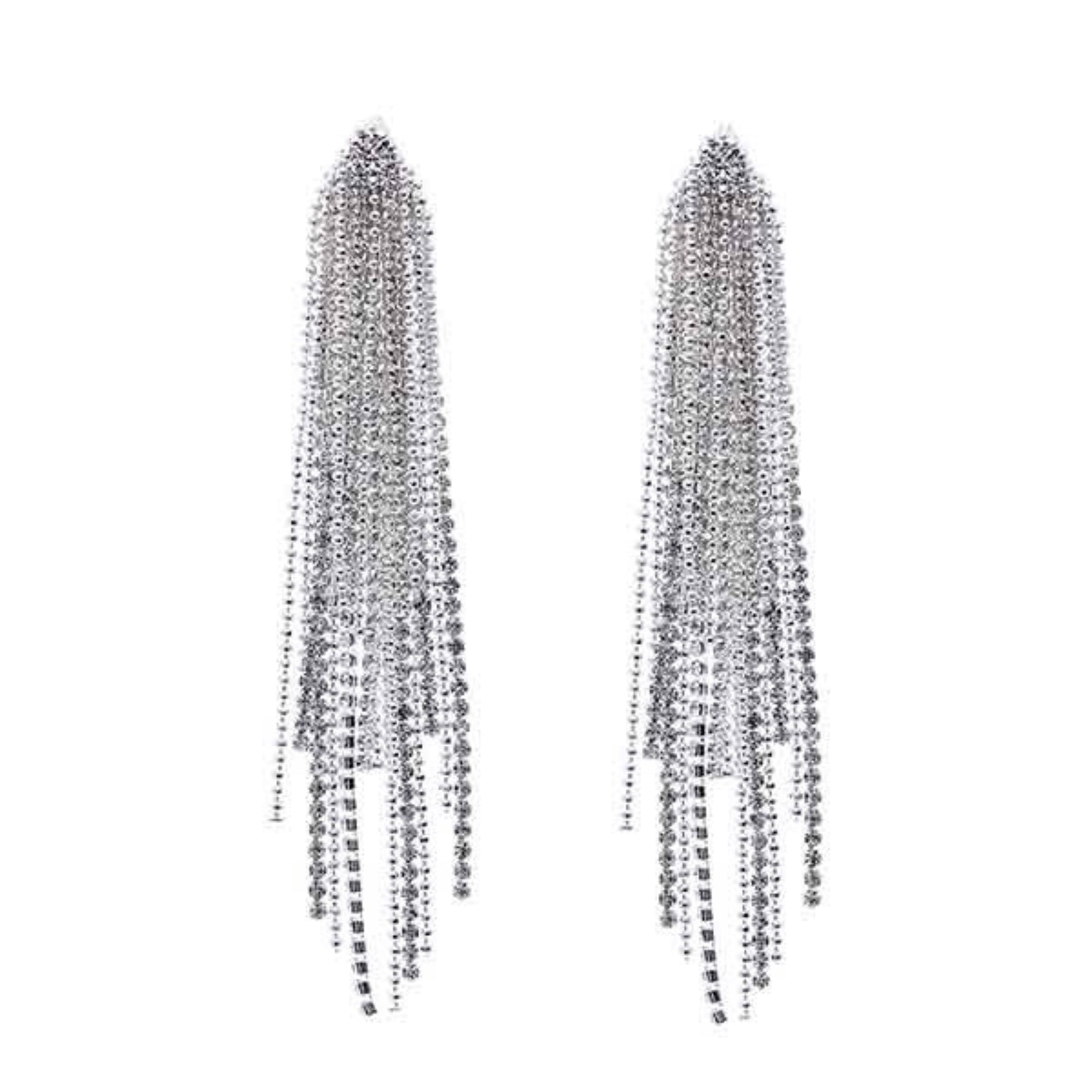 Elegant Rhinestone Fringe Earrings with a 4-inch drop, featuring shimmering rhinestones and a secure post back closure.