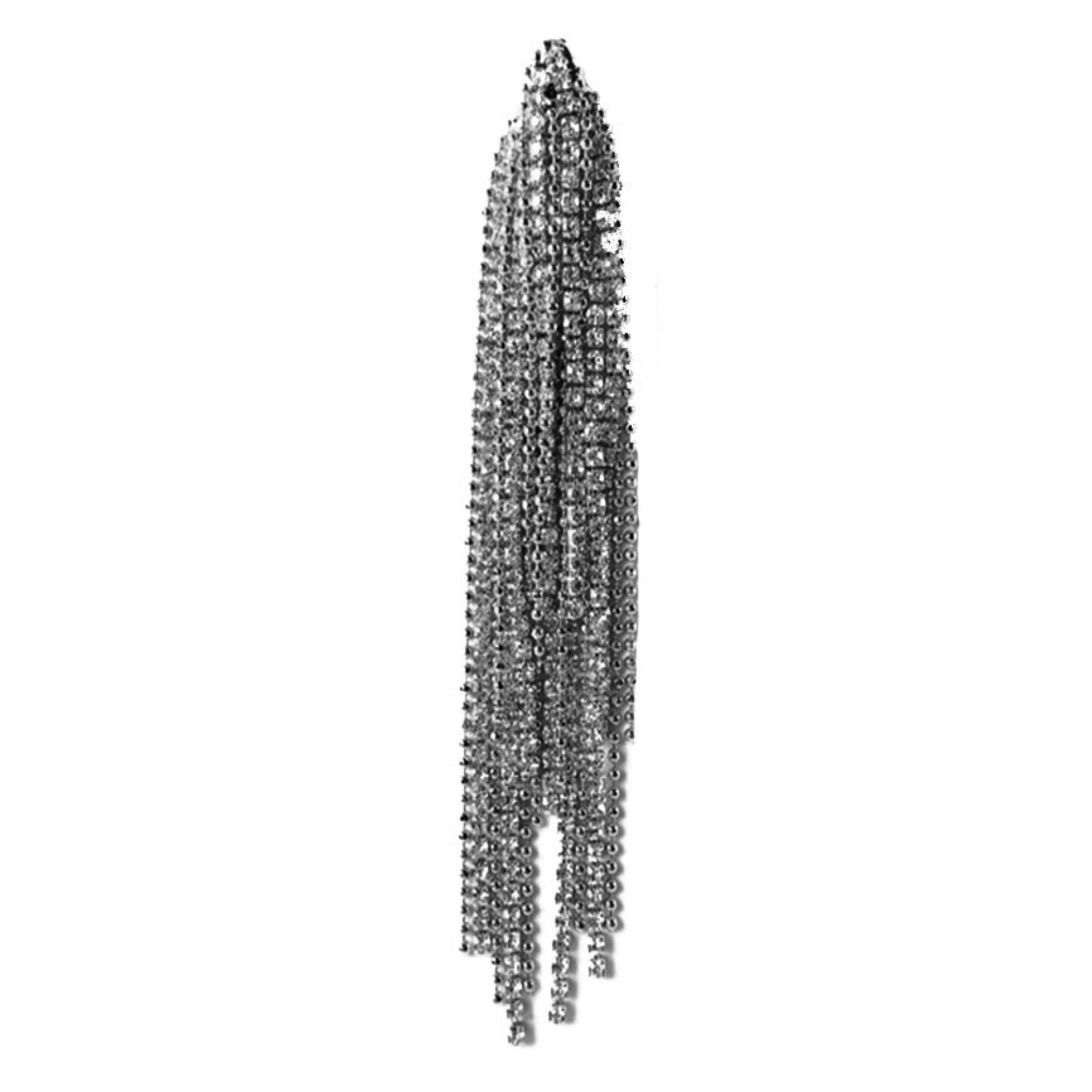 Elegant Rhinestone Fringe Earrings with a 4-inch drop, featuring shimmering rhinestones and a secure post back closure.