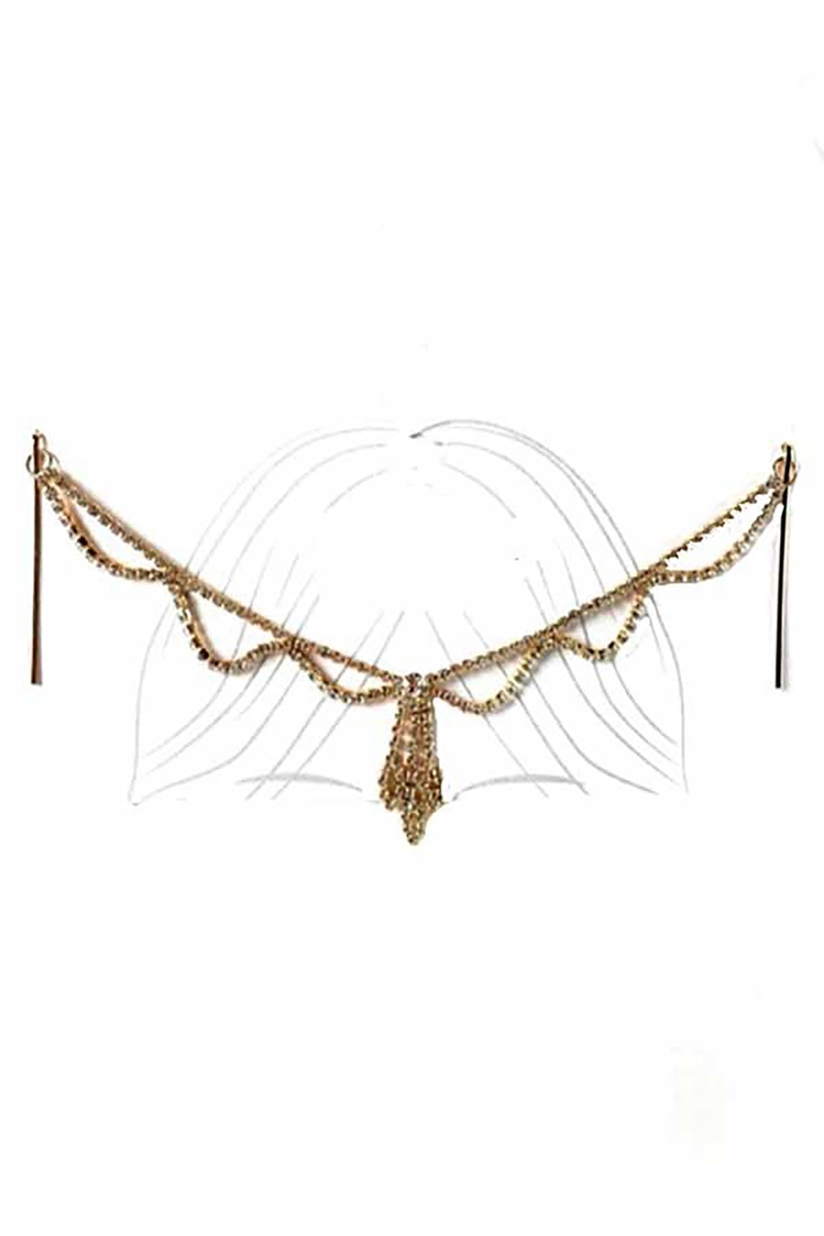 A glamorous rhinestone head chain featuring sparkling stones, designed for stylish wear.